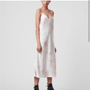 Slip Midi Dress in White with Pink Tie-Dye